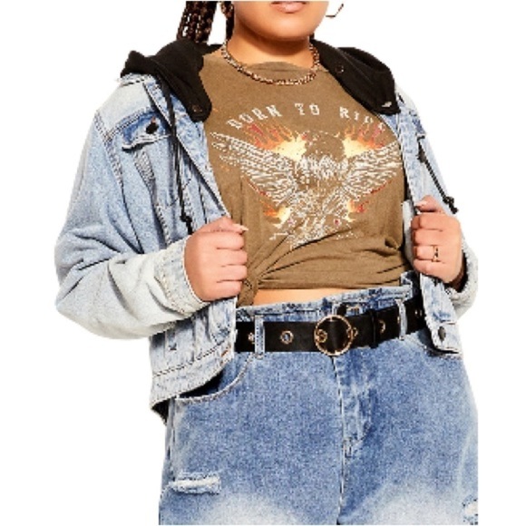 City Chic Hooded Mixed Media Denim Jacket - Picture 1 of 5